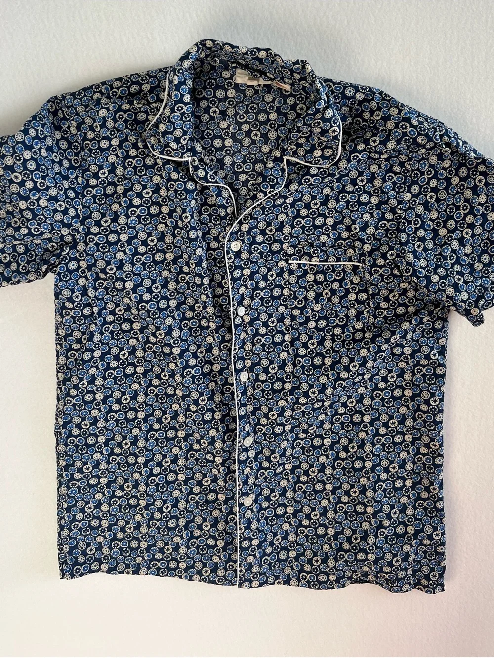 J Crew Womens M Cotton Pajama Shirt Blue Floral Print Camp Collar Piped